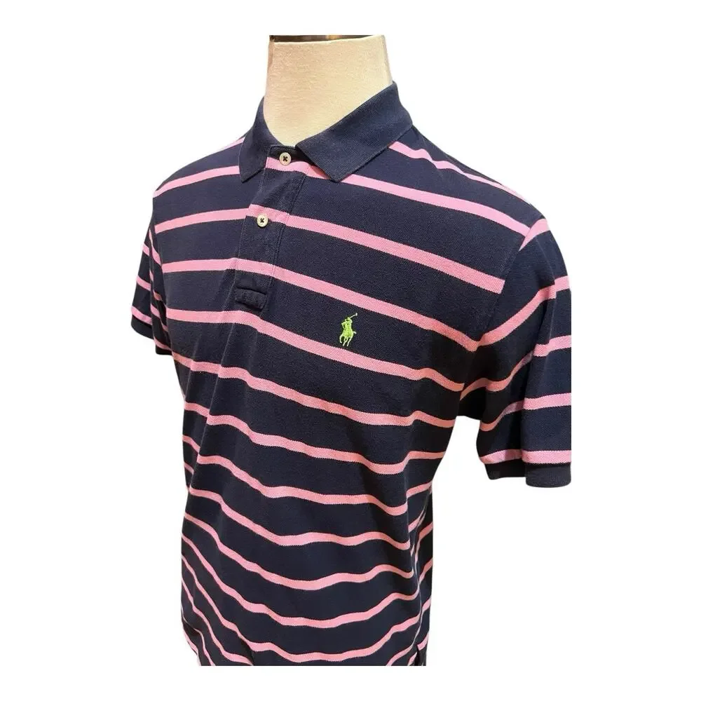 Ralph Lauren Polo Mens Large Navy Pink Striped Shirt 100% Cotton Preppy Classic
